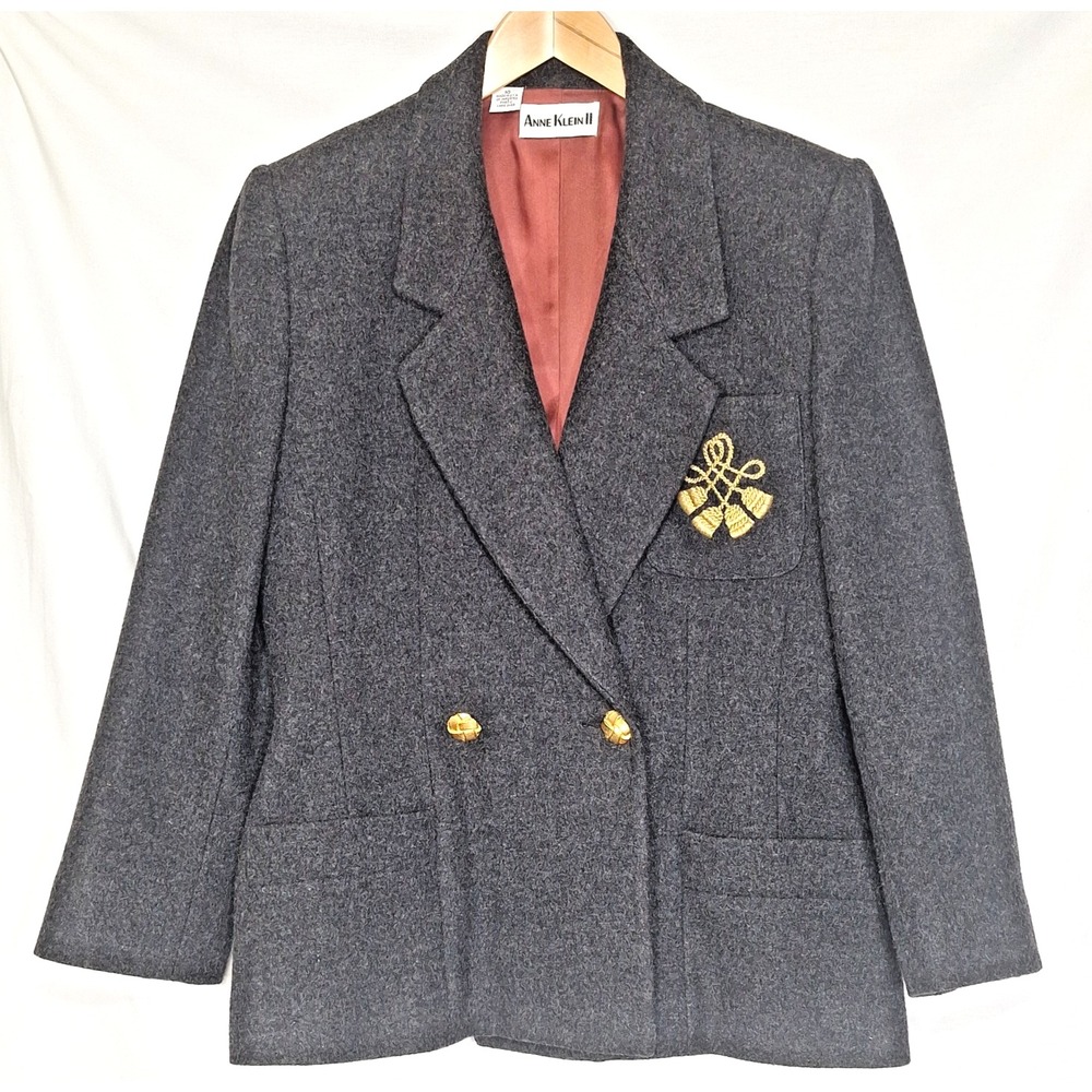 Vintage Anne Klein II Grey Wool Sz 10 Blazer‎ Gold Crest Crop Jacket ILGWU USA
